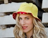 Chartreuse Summer Hat, Linen and Cotton, Sun Hat with Polka Dots