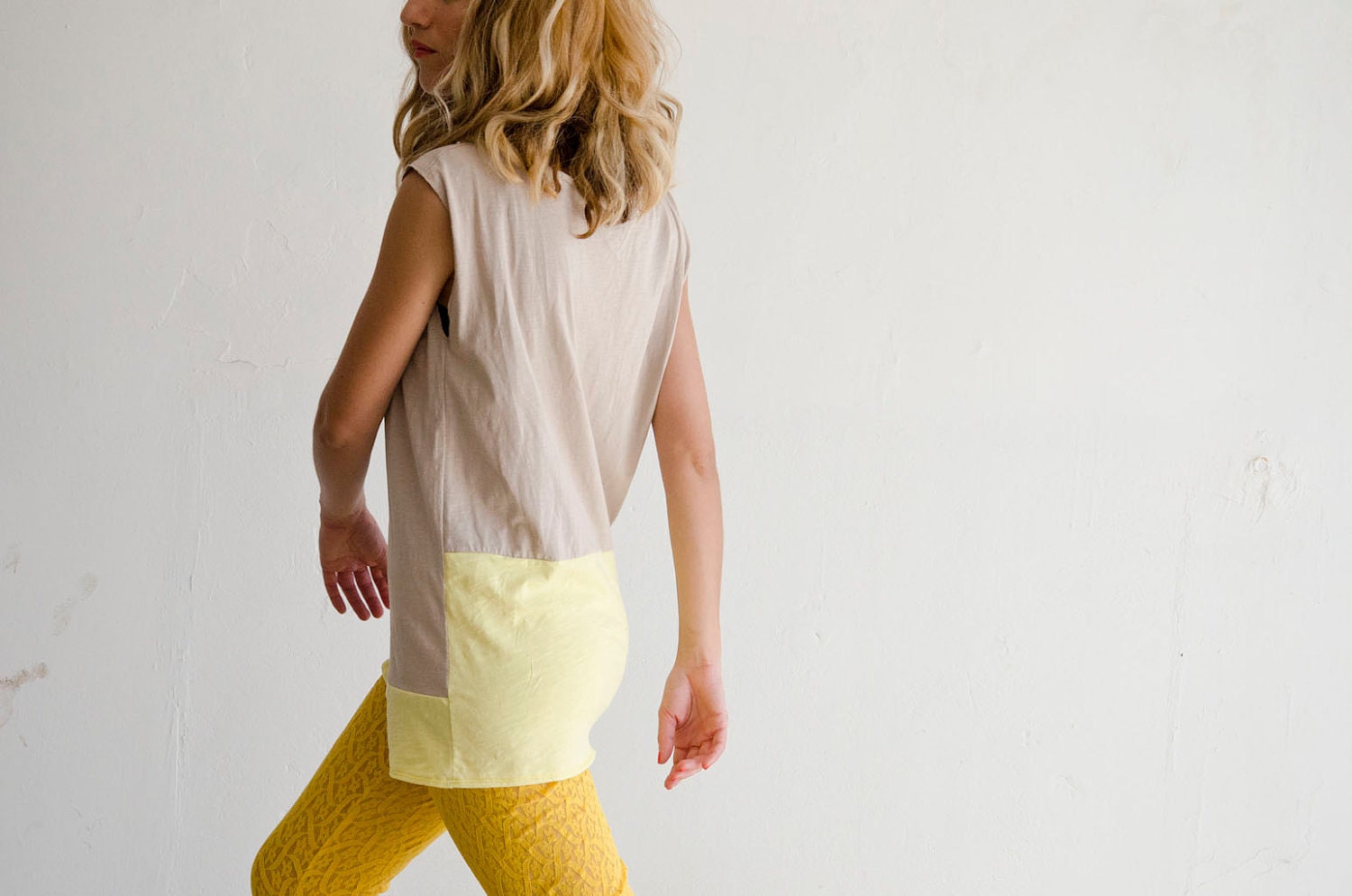 Cotton Jersey Top in Oatmeal and Yellow, Color block Mini Dress, Handmade