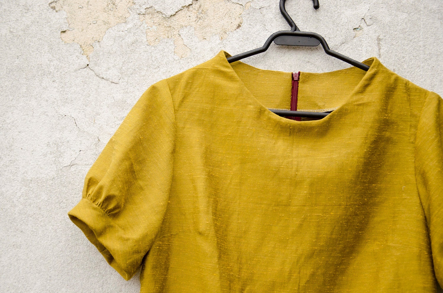 FABRIC BACKORDERED Mustard Yellow Mini Dress with raised neckline