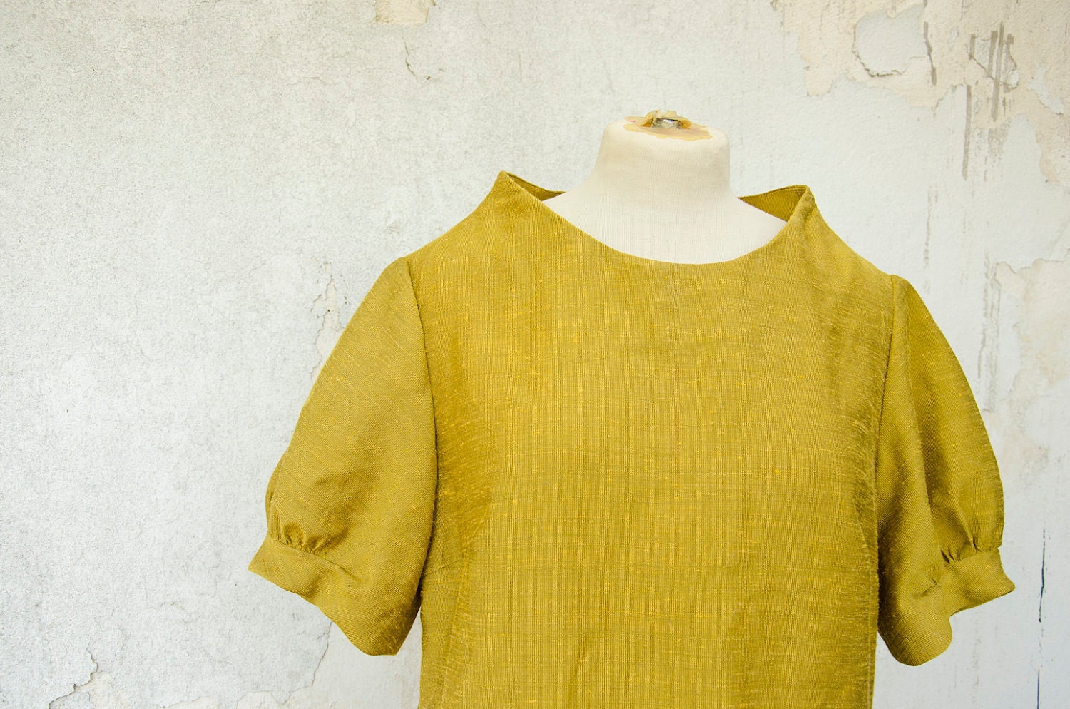 FABRIC BACKORDERED Mustard Yellow Mini Dress with raised neckline