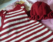Handknit Toddler Dress and Hat  Red and Ivory   Size 12 to 18 mos
