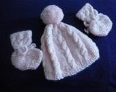 READY TO SHIP   Hand Knit Cable Baby Girl Hat and Booties     Size Newborn to 3 mos