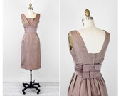 1950s dress / 50s cocktail dress / Toffee Brown Evening Dress with Bows and Bustle Back