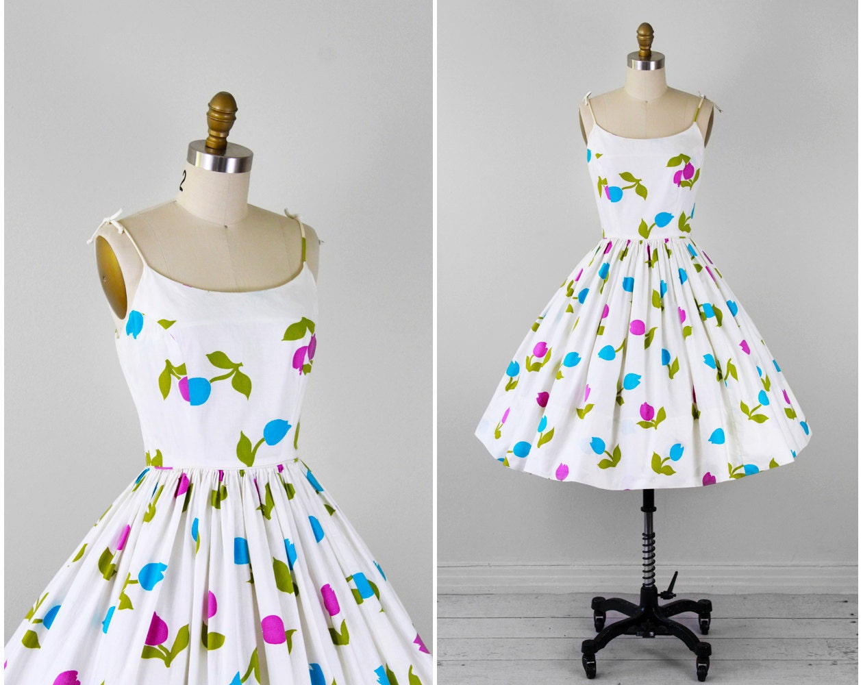 vintage 1950s dress / 60s dress / White, Purple, Teal, and Green Floral Print Tulips Sundress