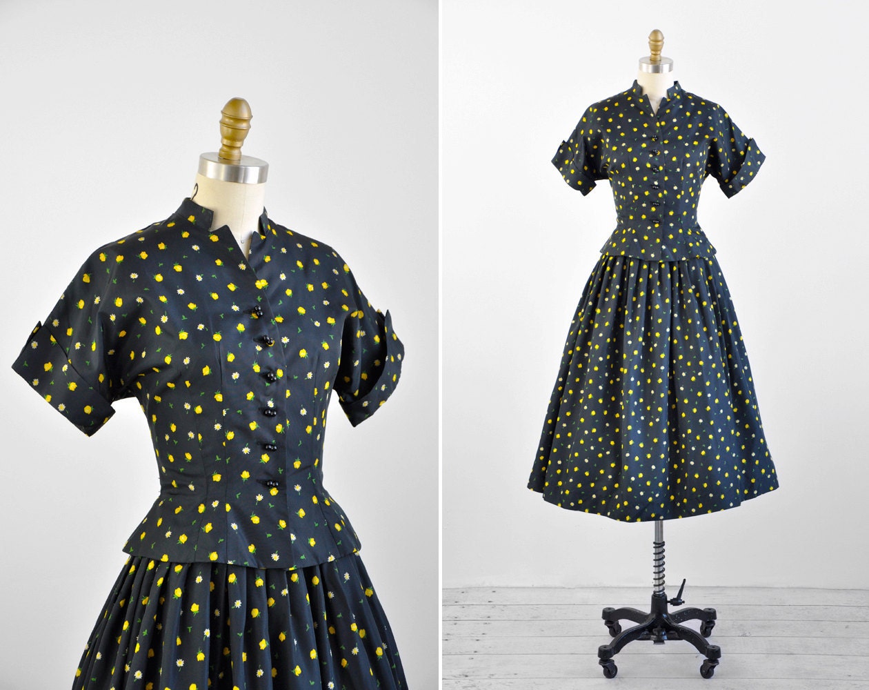 1940s dress / 50s dress / Black and Yellow Floral Taffeta Blouse and Skirt Set