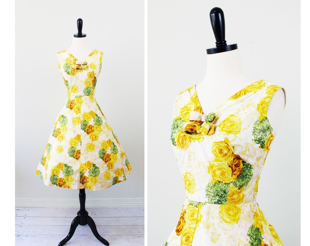 vintage 1950s 50s dress // Canary Yellow Roses Floral Party Dress with Pockets and Bows