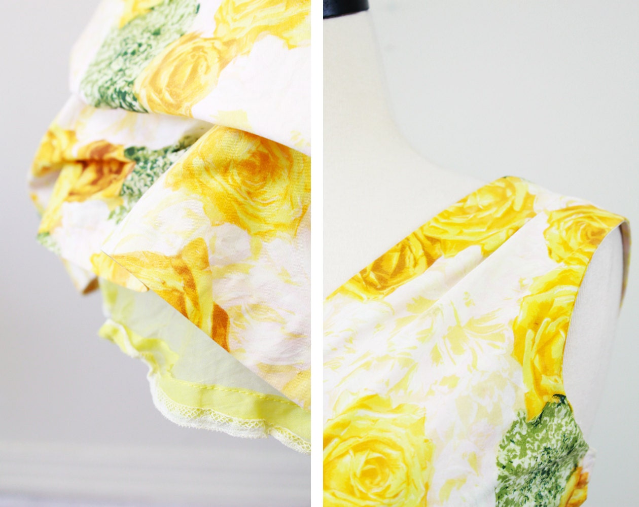 vintage 1950s 50s dress // Canary Yellow Roses Floral Party Dress with Pockets and Bows