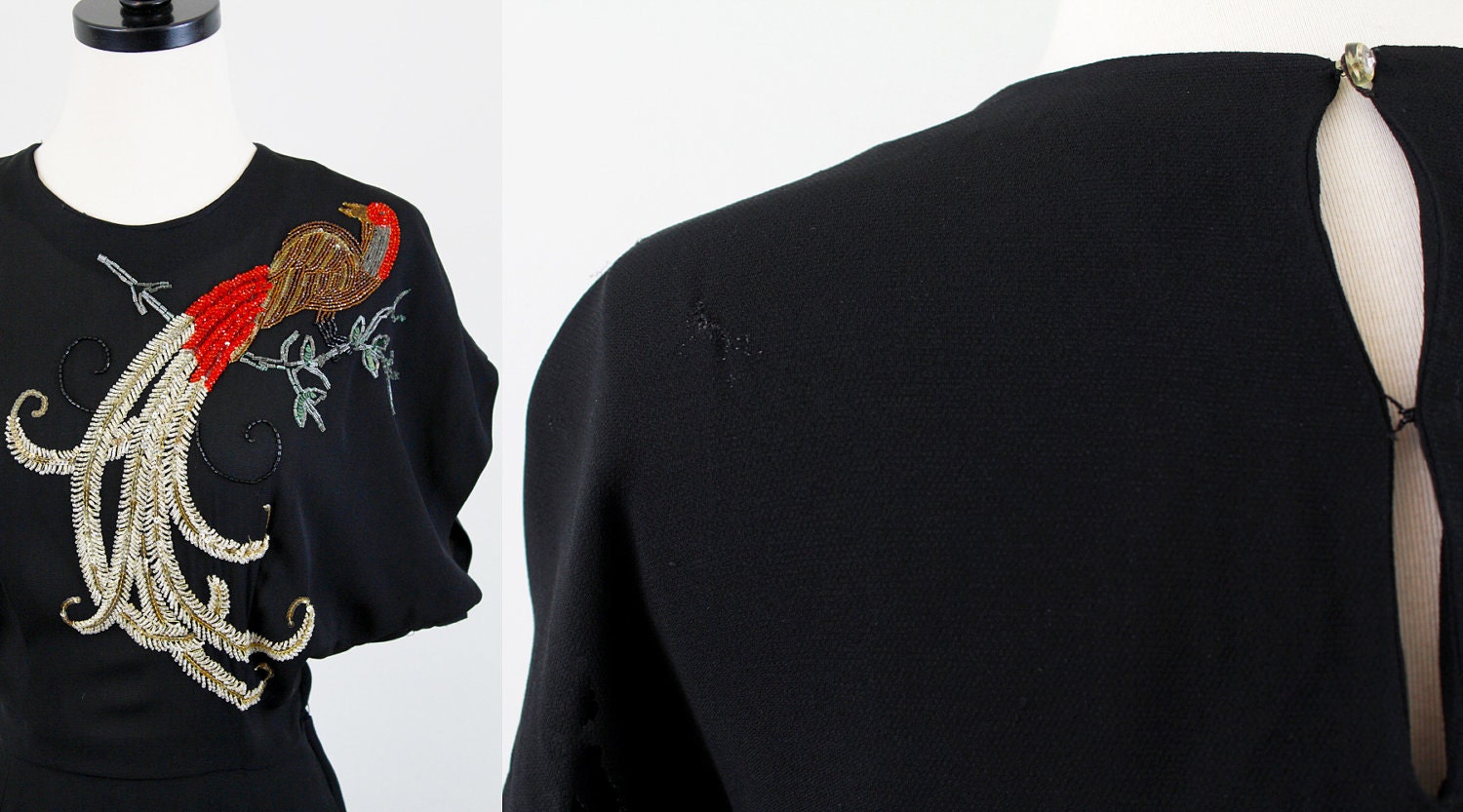 r e s e r v e d - 1930s dress / CEIL CHAPMAN dress / Black 30s 40s Gown with Elaborately Hand Beaded Phoenix Bird