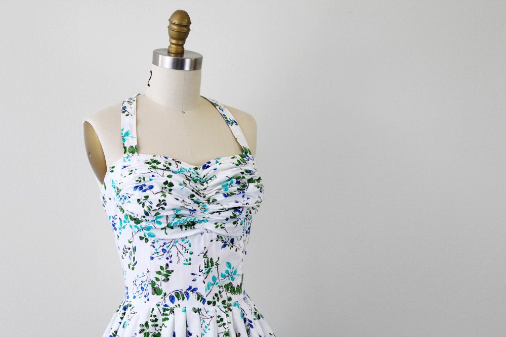 vintage 1950s dress / 50s floral dress / White, Blue, and Green Pinup Halter Dress