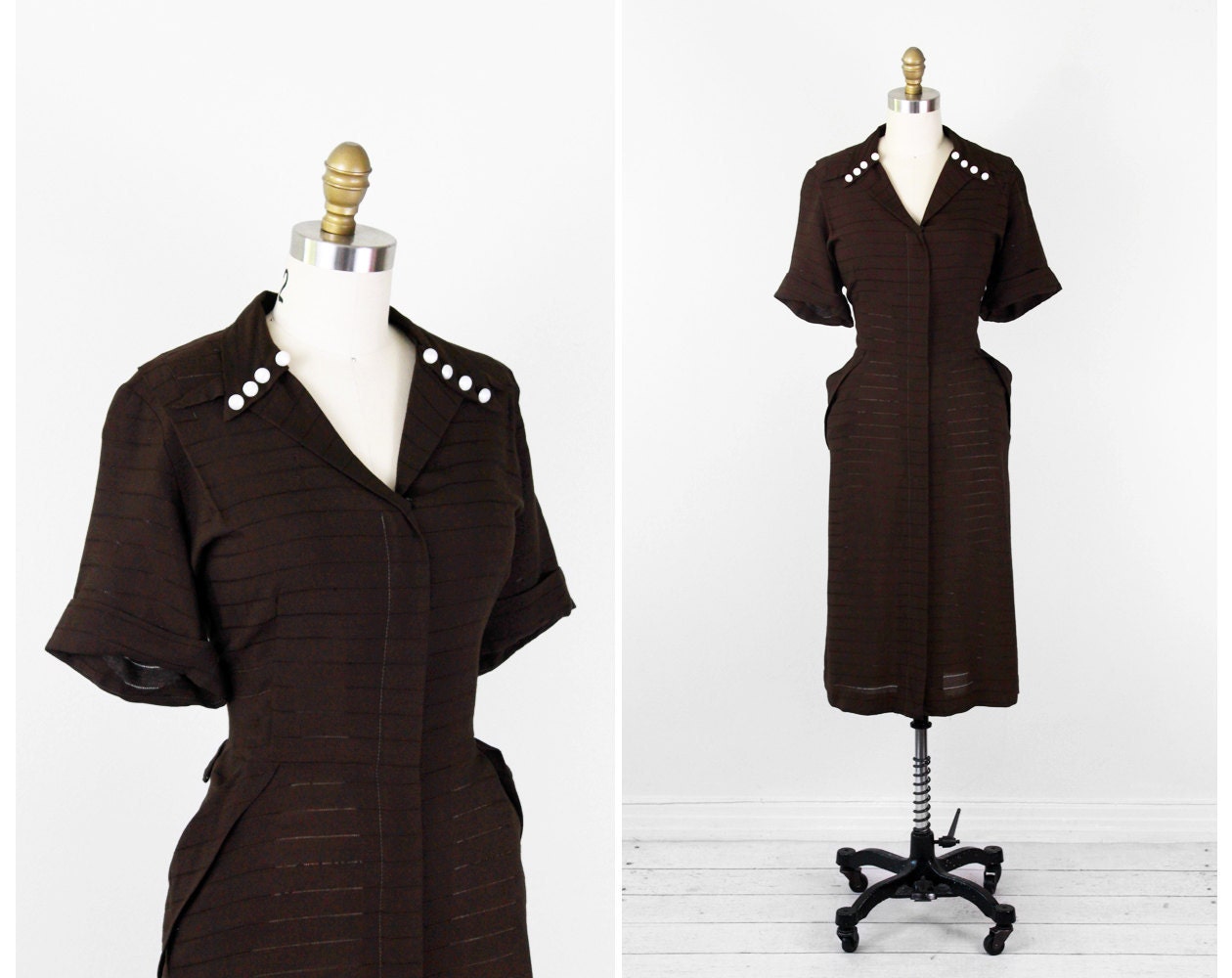 1940s dress / 40s plus size dress / Brown Wartime Art Deco Dress with Pockets
