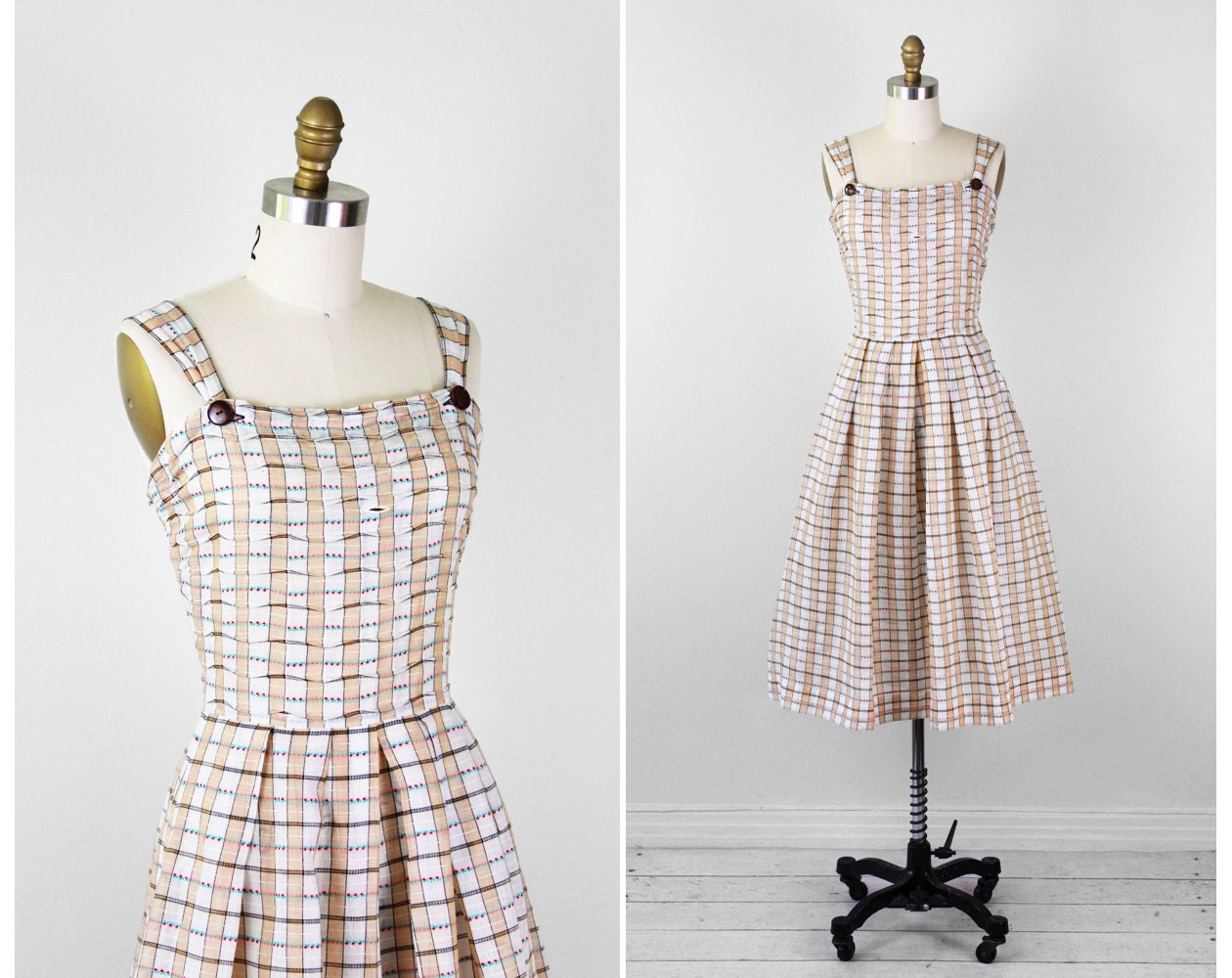 1950s dress / 50s dress / Tan and White Checkered Sundress with Large Buttons