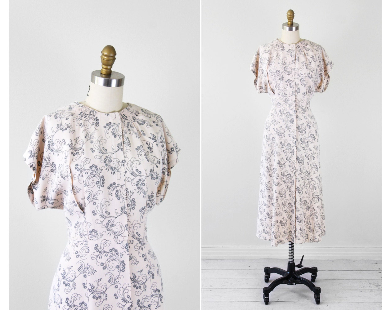 vintage 1940s dress / 40s dress / Pale Cream Day Dress with Grey Art Deco Design