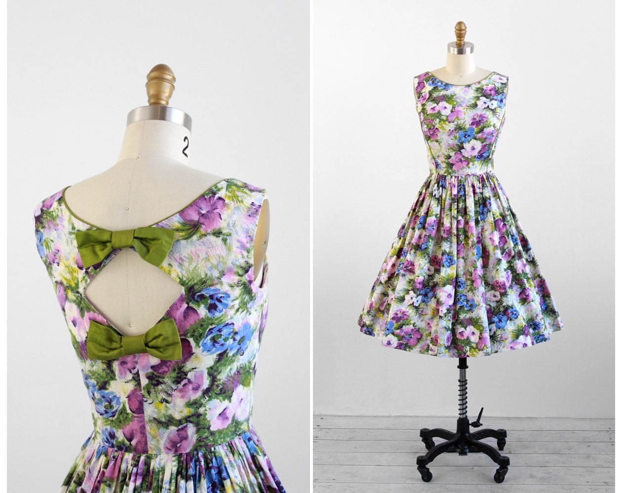1950s dress / 50s dress / Purple Floral Party Dress with Cutout Back and Bows