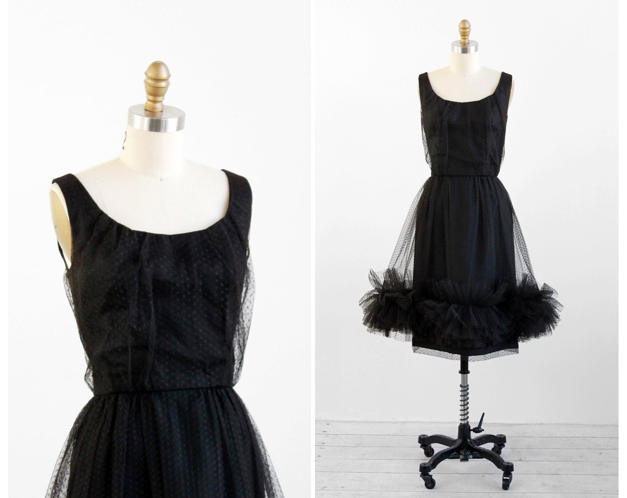 r e s e r v e d - 1950s dress / 50s black dress / Black Polkadots Sheer Ruffle Cocktail Dress