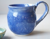 Blue Mug, Blue Floral Design Coffee Cup, Handmade Ceramic Pottery Cobalt  Blue Teacup