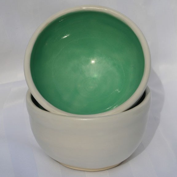 Pair of White and Turquoise Rice Bowls - Two Aqua and White Glazed Ceramic Pottery Bowls - Handmade