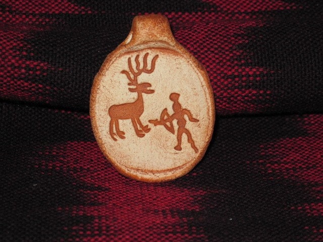Elk Hunter Rock Art Petroglyph Clay Pendant