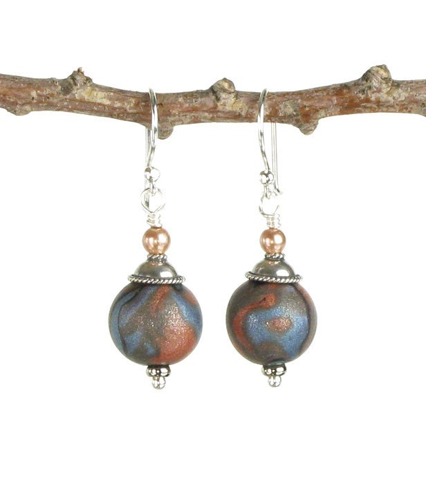 Planetary Orbs - Polymer Clay Jewelry - Blue and Copper Polymer Clay and Sterling Silver Earrings