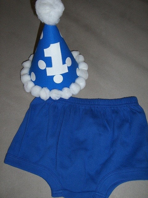 Cake Smash Photo Set....Infant/ Toddler Boys First 1st Birthday Blue/White Dot Birthday Party Hat and matching Diaper Cover