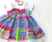 Colorful Girls Dress Handmade Children Clothing Hot Pink Blue Twirl Dress Toddler 2T 3T 4T 5 6 7 8  Girls Summer Party Dress Girl Clothes