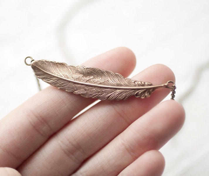 Antique brass Feather necklace - Feather jewelry (N078)