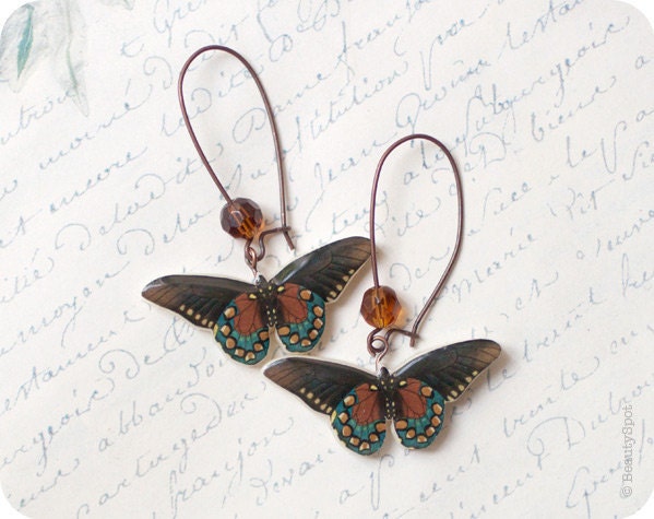 Tender Butterflies earrings in brown and teal colors - christmasinjuly CIJ (E057)