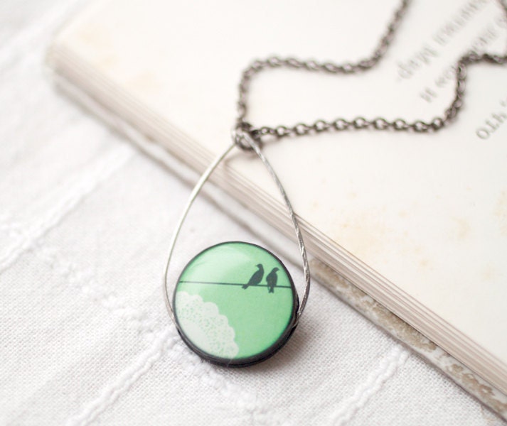 Mint Birds on Wire necklace - Pastel jewelry - Bridesmaids jewelry (N034)