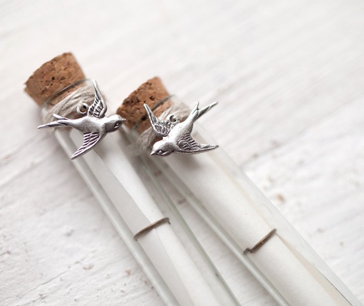 Secret Message bottles with Antique silver birds - Set of 2