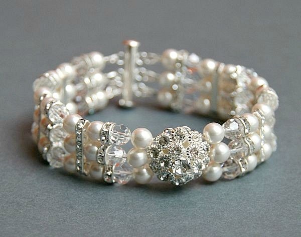 Bridal bracelet, pearl bracelet, cuff bracelet with Swarovski crystal and Swarovski pearls- Style 363