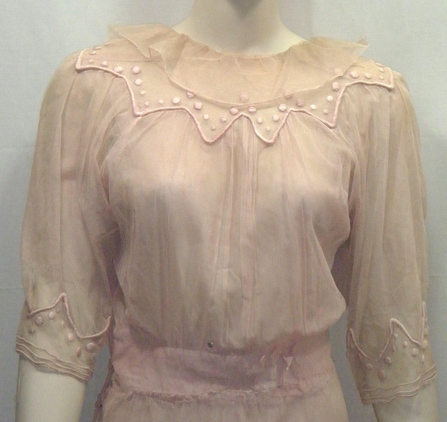 Vintage 1910's to 1920's Era Pink Net B. Siegel Detroit Dress Tiered Snaps Sheer Small