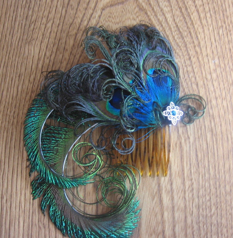 Wedding Party Prom Hair Comb with Swarovski Crystals and Peacock Feathers