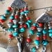 TURQUOISE ReD GlaSS SILVER EARRINGS Dangly Loaded with Turquoise Silver Feathers