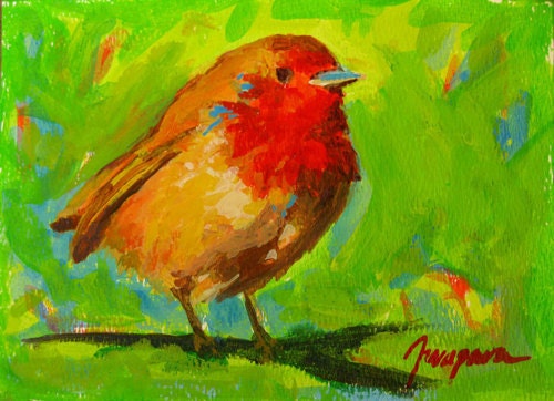 Bird painting, animal painting decoration, robin bird, colorful original painting, 5 x 7 inches on paper