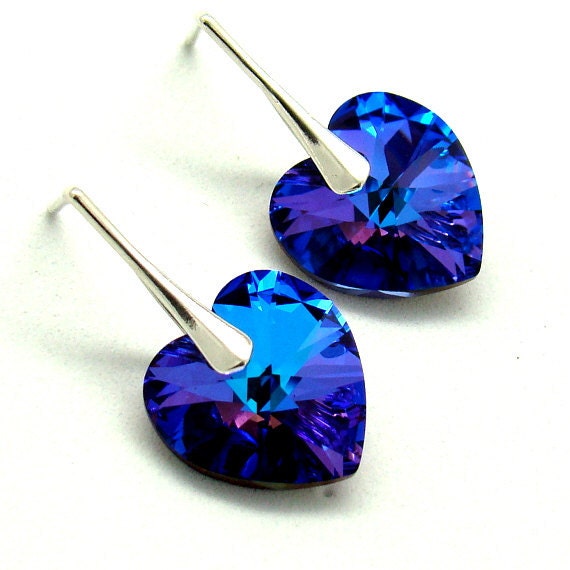 Peacock Earrings...Heliotrope Blue Swarovski Crystal...Sterling Silver Post Earrings...Bridal Bridesmaids Stud...