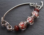 Bracelet Silver Bangle with Red Gray and White Lampwork in Silver and Nickel
