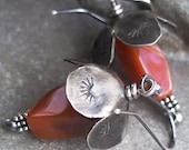 Earrings Flower Southwest Tomato Red Gunmetal Agate Nickel Sterling Silver