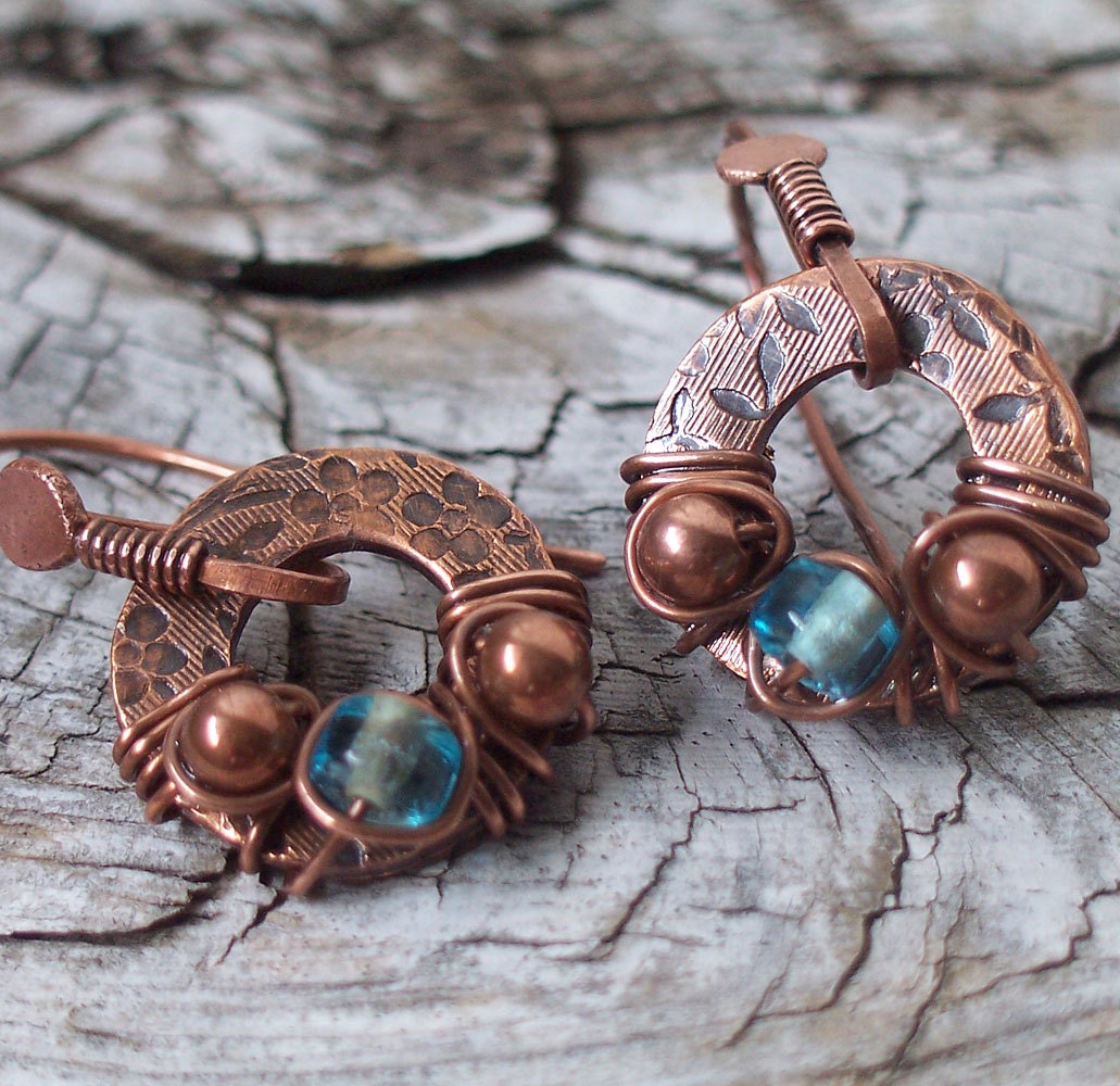 Earrings Copper Aqua Glass with Floral Stamping