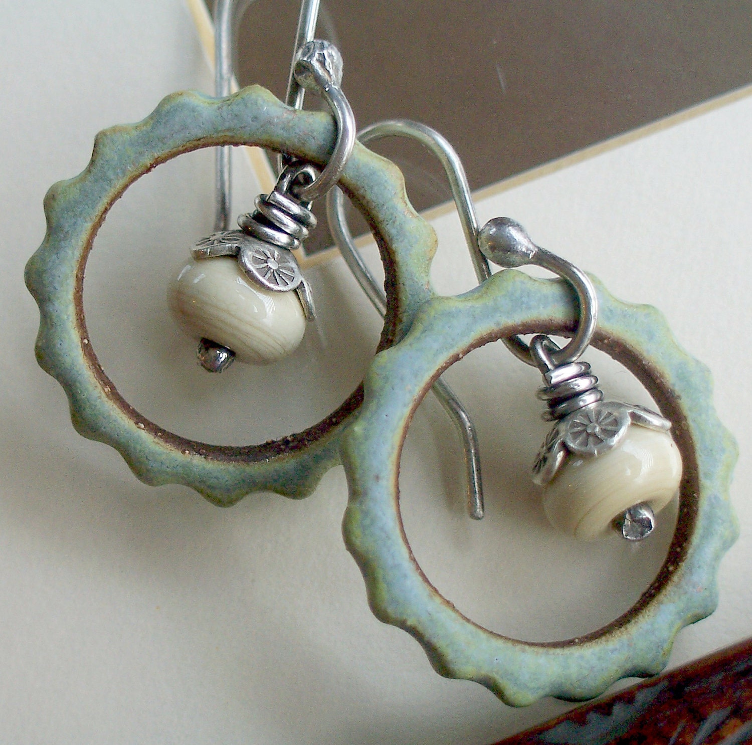 Silver Earrings Sage Ceramic Gear Link Hoop Sandstone Lampwork Dangle Sterling