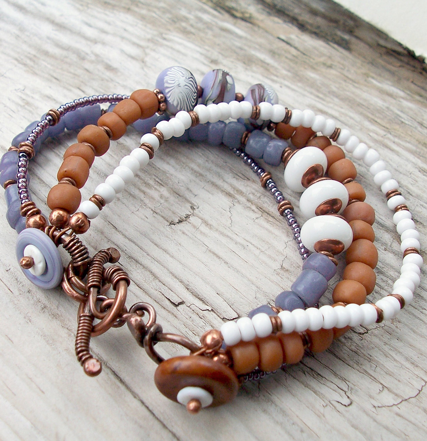 Bracelet Periwinkle Pumpkin and Violet with Copper and Clay Art Beads Multi Strand