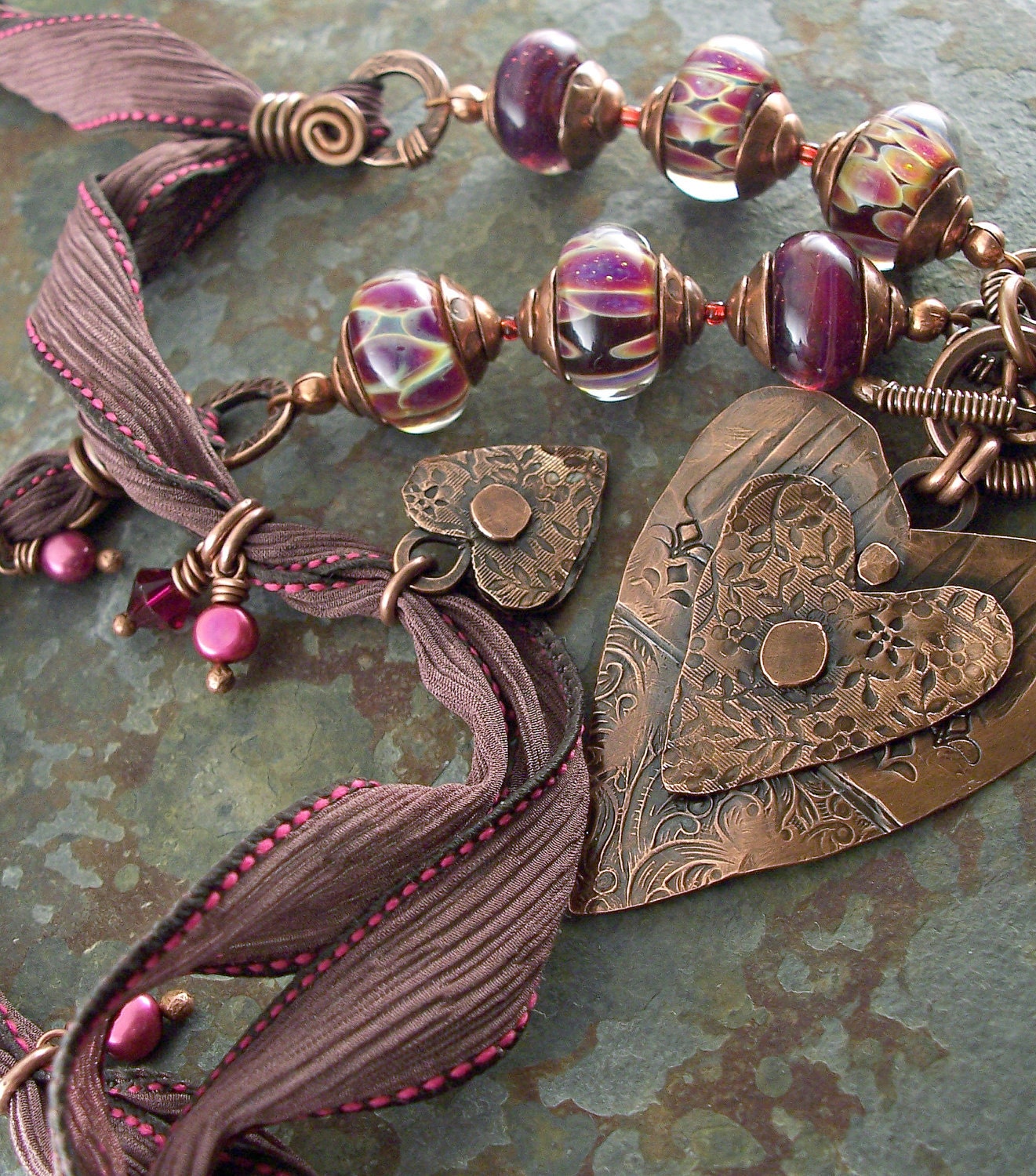 Valentine Heart Pendant Berry Fuchsia Antiqued Copper with Lampwork Glass Silk Ribbon Eggplant Pearls Crystal