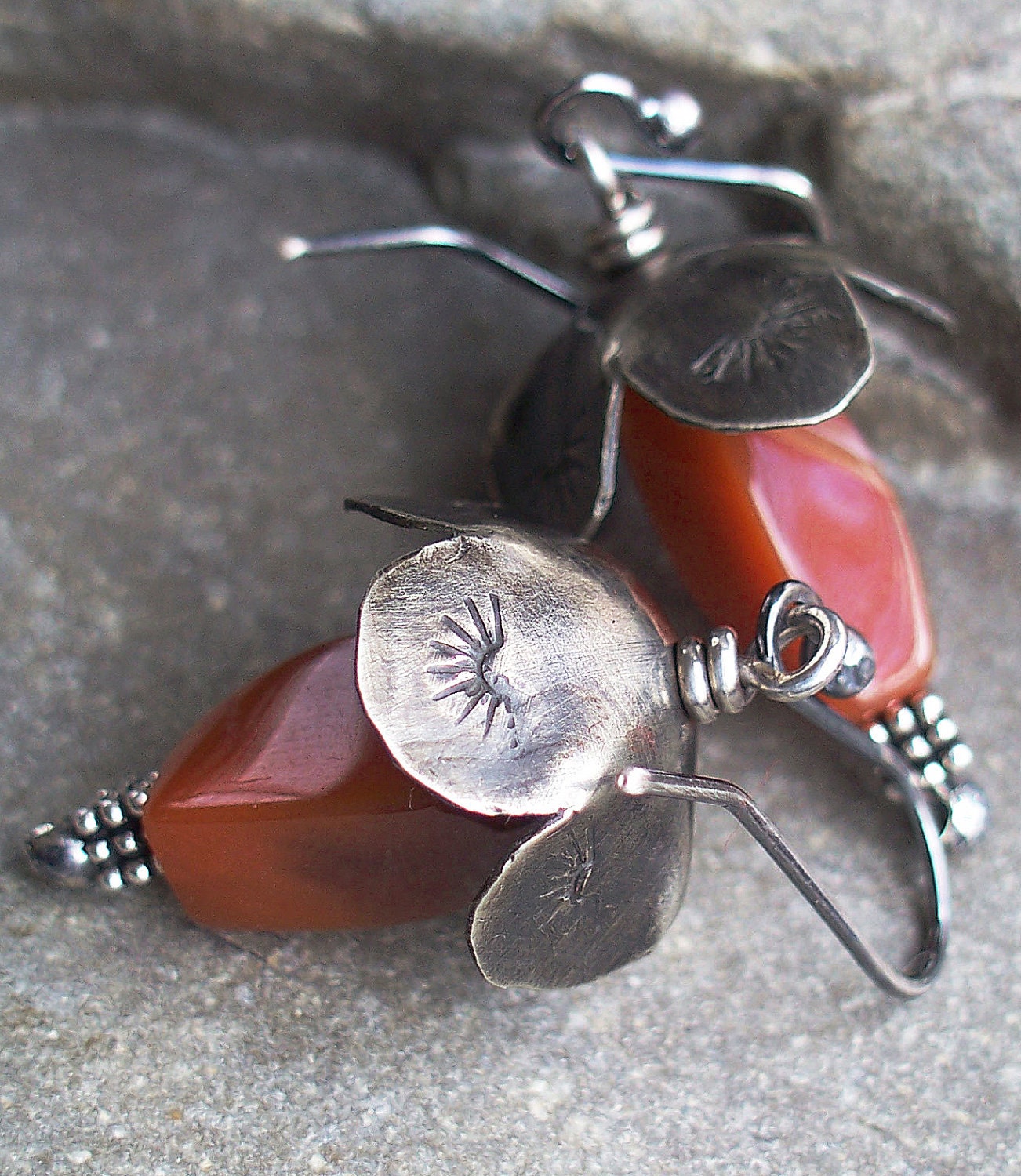 REDUCED 20% Earrings Flower Southwest Tomato Red Gunmetal Agate Nickel Sterling Silver