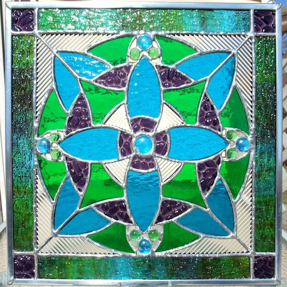Peacock Blue, Bright Green and Plum Purple Stained Glass Panel