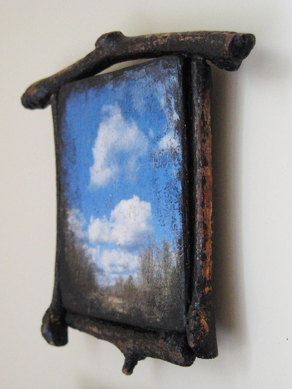 Twig Frame Photo Magnets Blue Sky Happy White Clouds Rustic Decor