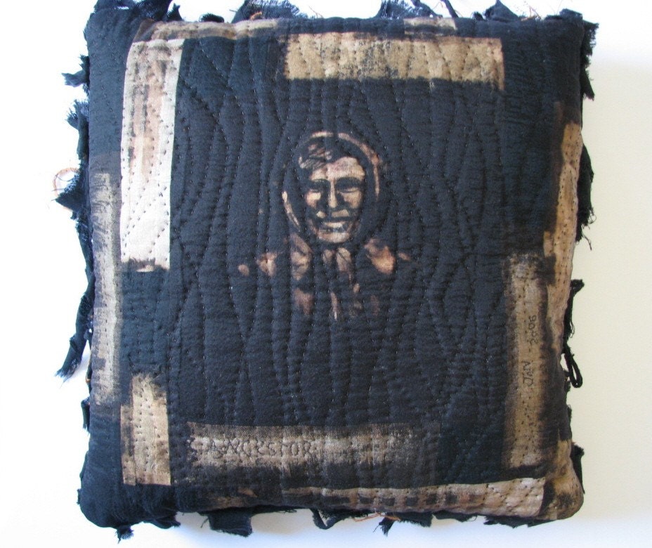 Art Pillow Monotone Black and Brown Hand Quilted Face Image Original and One of a Kind