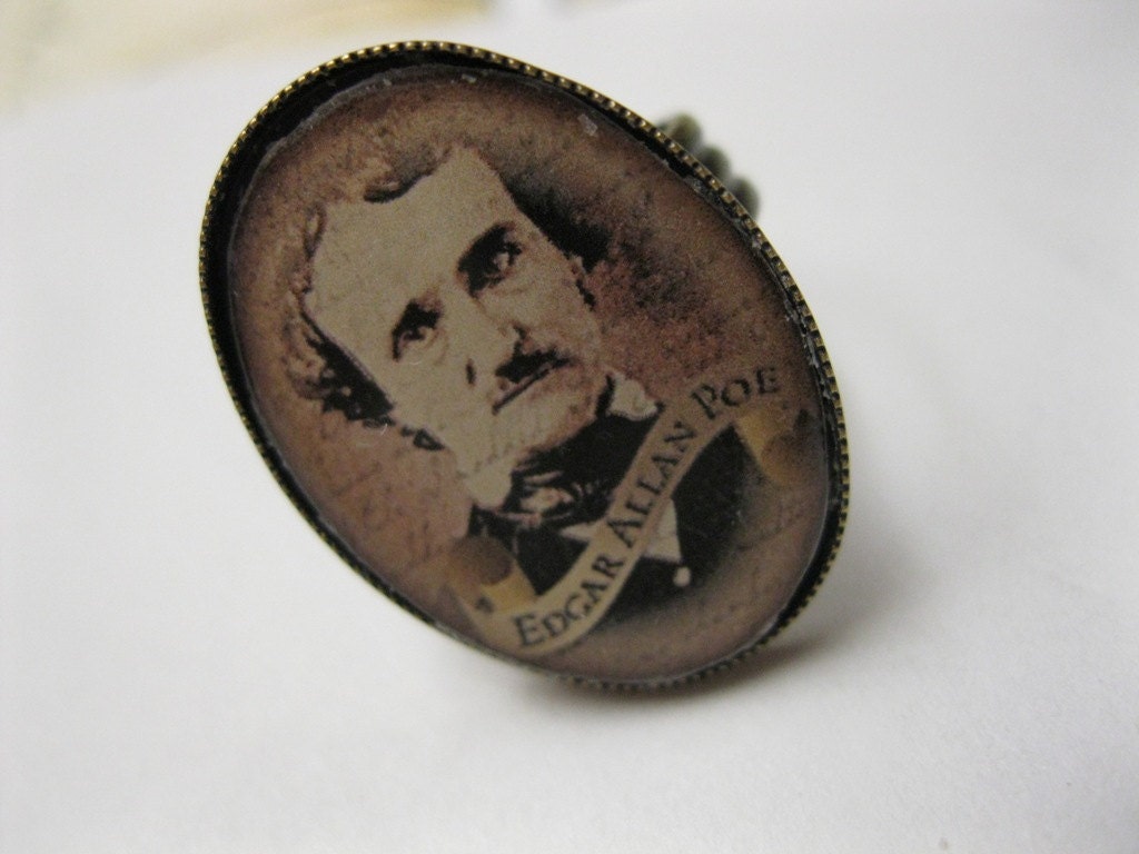 Poe Portrait Ring, oval brass setting, Edgar Allan Poe banner, adjustable, vintage style