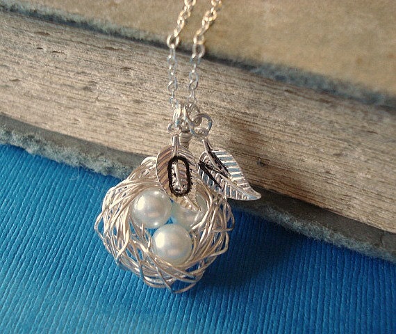 Nest Necklace, Personalized Nest, Mom, Sister Necklace Jewelry Sterling Silver Chain, TWO LEAF INITIALS, Mom, Family