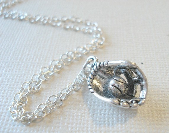 Baseball Necklace Silver Baseball Mit Glove and Ball Silver Necklace Jewelry Pendant Opening Day