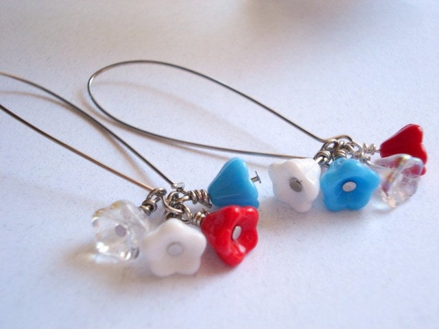 Red White Blue Earrings Flower Earrings Jewelry - Made in USA America - Memorial Day