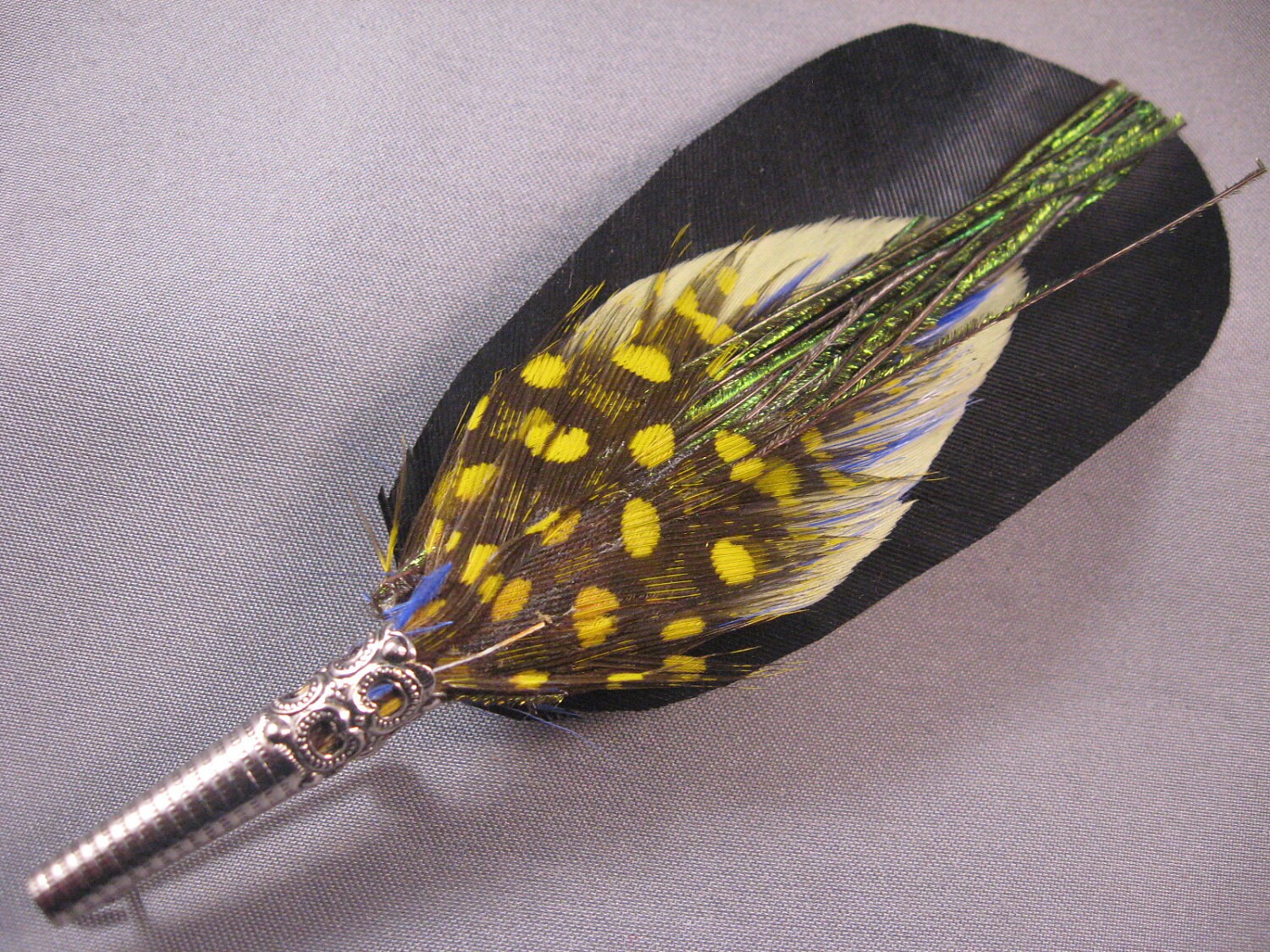 Feather Boutonniere Lapel Pin Hat Pin "Sir Gawain" made from vintage antique turkey, goose, peacock, guinea feathers