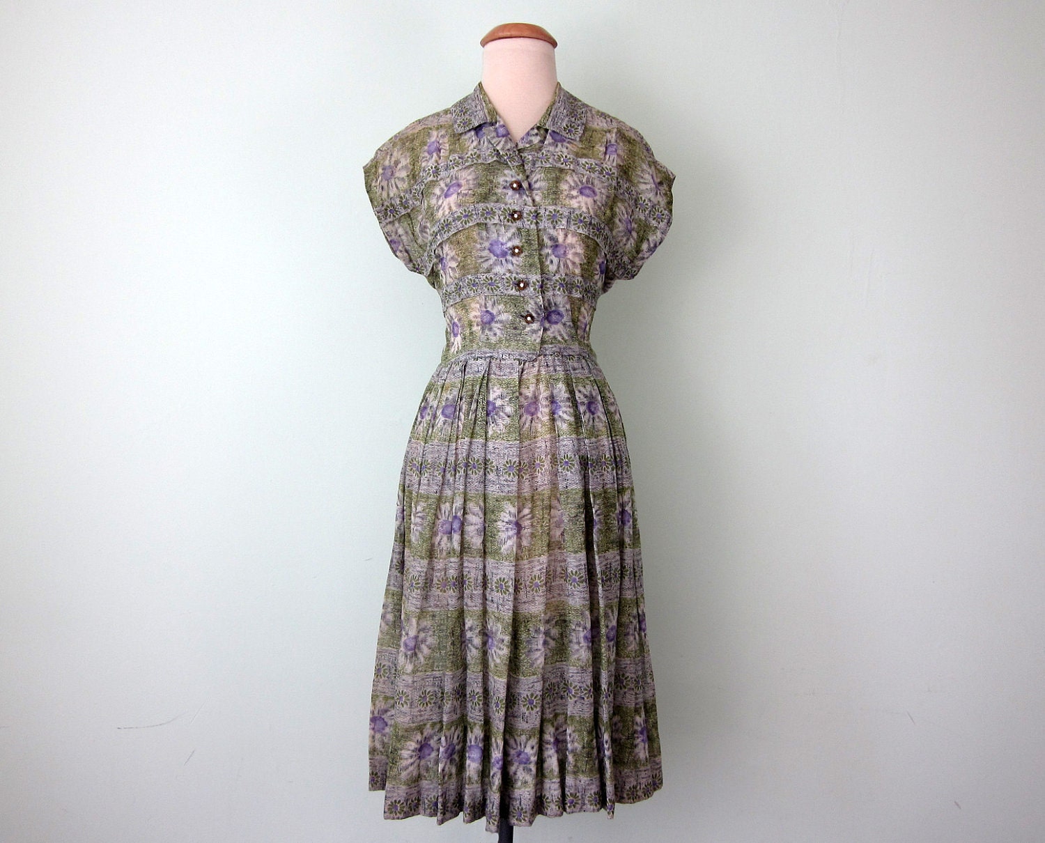 40s dress / floral cotton print fitted waist summer (xs - s)